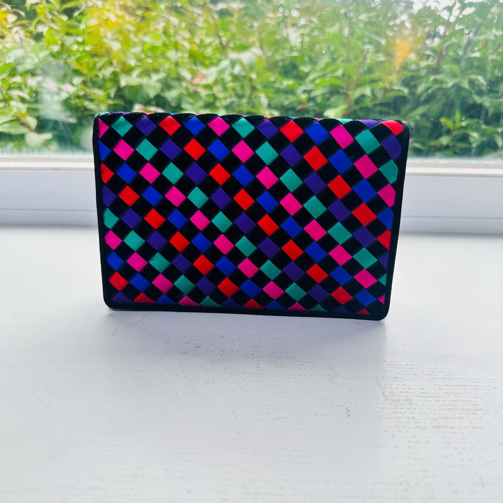 Vintage La Regale Woven Multi Color Satin Clutch Black Cord Strap Evening Bag